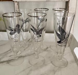 Vintage Federal Glass Sportsman Pilsner Beer Glasses | 1960s Game Bird Footed